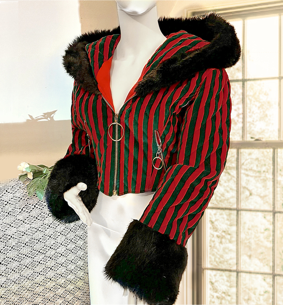 Moschino, Aeffe Spa - Striped Velvet Jacket, Red/Green with Black Faux Fur Trim - Picture 1 of 16